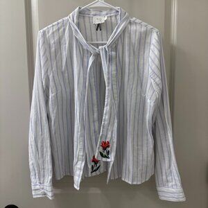 Anthropologie HD in Paris S Blue White Stripe Shirt Embroidered Floral